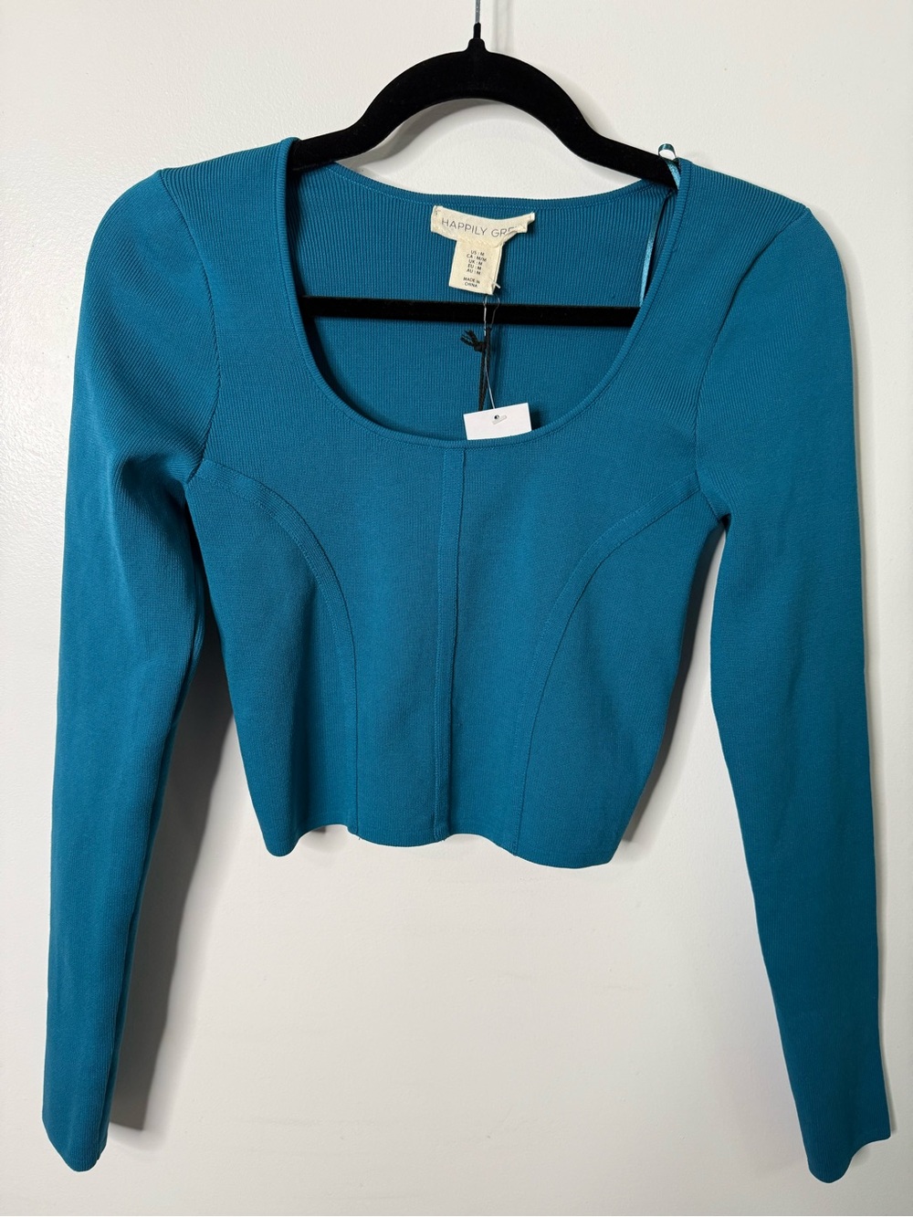 Happily Grey Teal Corset Thick Knit Top Medium Long Sleeve Square Neck NWT